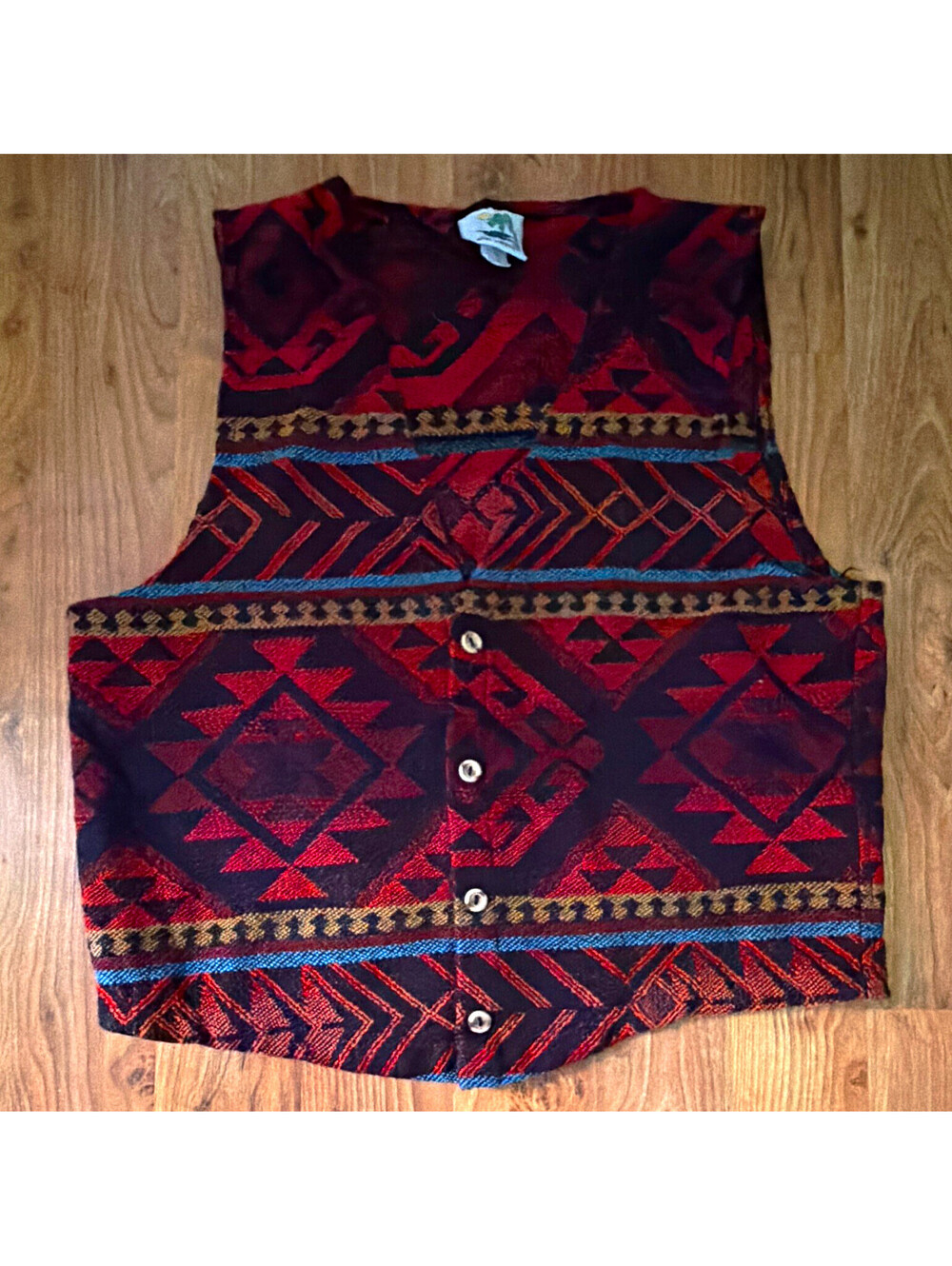 Senior Lopez Geometric Southwestern Button Front Vest Woven Acrylic R/B/B